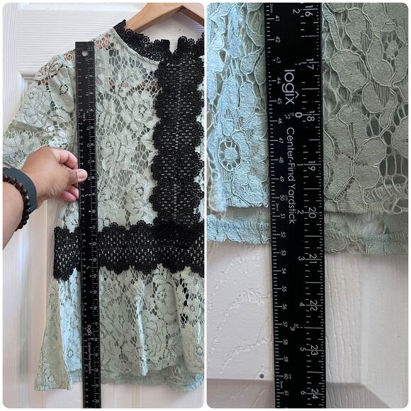 Zara Seafoam Green Black Crochet Embroidered Detail Sheer Peplum Blouse Small - Picture 9 of 12